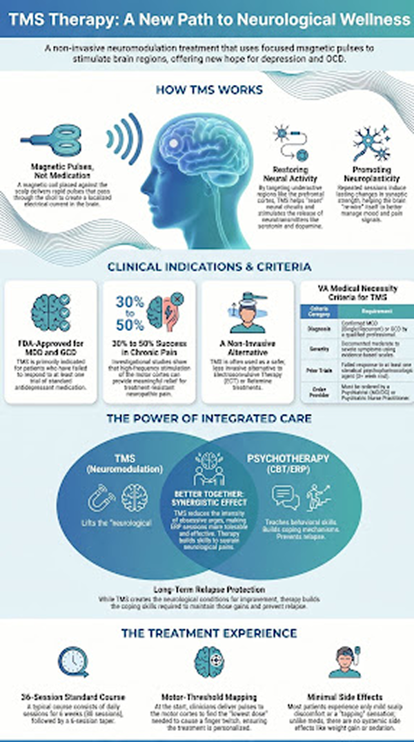 Infographic showing how TMS works, clinical criteria, and why side effects of TMS are minimal compared to medication.