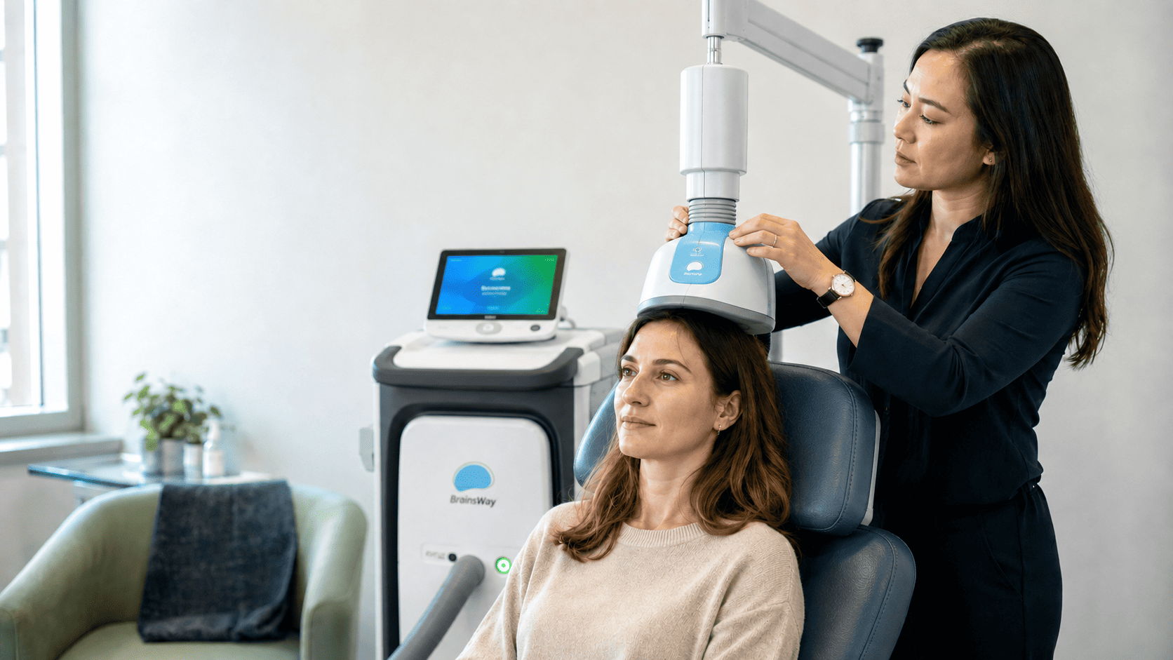 Patient receiving TMS treatment session while clinician adjusts the magnetic coil device.
