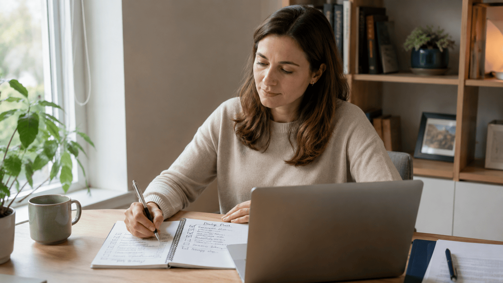 Woman journaling and tracking daily progress notes at her home desk.
